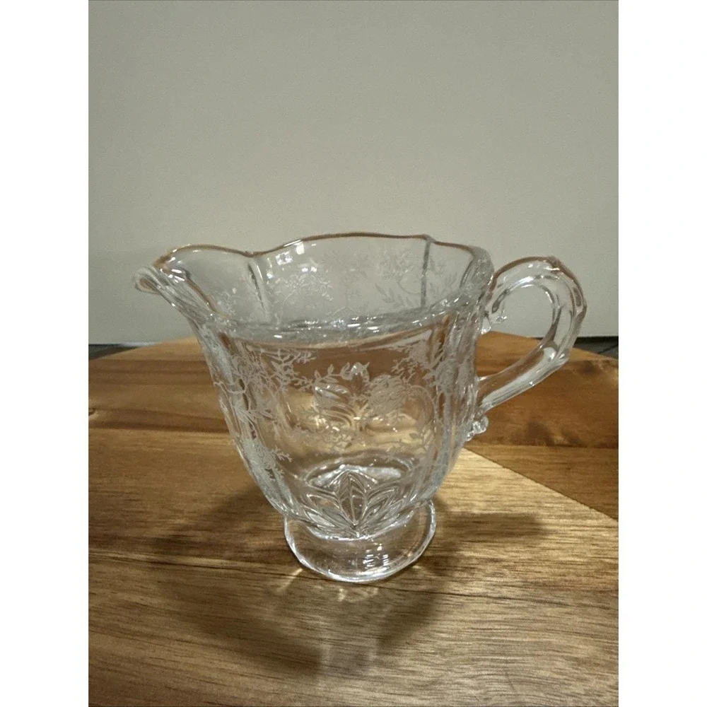 Vintage Etched‎ Glass Creamer Sugar Bowl Set Floral Cottagecore 3 piece
